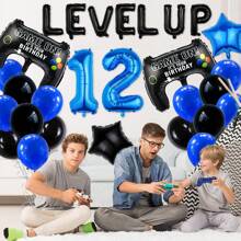 30 Stücke/Set Videospiel Geburtstags Party Dekoration, beinhaltet "Alles Gute zum Geburtstag" Banner, blaue Zahl Luftballons, aufgewertete schwarze Buchstaben Luftballons, Gaming-Controller Luftballons, geeignet für 12., 18., 10., 7. Geburtstag Videospiel-thematische Partydekorationen, Innen- und Außenaktivitäten, Gamer Party Deko
