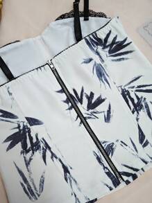 1pc Fashionable, Unique, Comfortable Ink Bamboo Leaf Print Fitted Cropped Zipper Camisole Bustier For Women