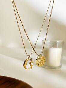 Monlansher 原创新款女士项链，不锈钢蛇骨链配圆形月亮和星星吊坠，手工制作，带宝石装饰，时尚简约，百搭日常佩戴