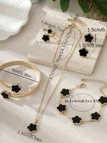 Set de 6 piezas de joyas estilo coreano con flores de la suerte, incluyendo aretes, collar, pulsera y anillo. Conjunto de joyas de moda adecuado para el Día de San Valentín, uso diario y regalos de festivales.