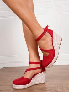 Giày đế xuồng đế xuồng quai mắt cá chân tối giản dành cho nữ, giày lười đế xuồng đế xuồng đế xuồng đế đay màu đỏ giả da ngày lễ - Đỏ - Xem 6