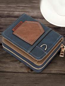 New Men's Patchwork Money Clip Wallet, Minimalist Foldable Small Retro Coin Purse, European And American Business Bifold Zipper Coin Pouch Vintage Men Essentials Gifts For Men Christmas Gifts Christmas Bags Card Holder Men's Gifts New Year Gift Valentine's Day - Blue - View 3