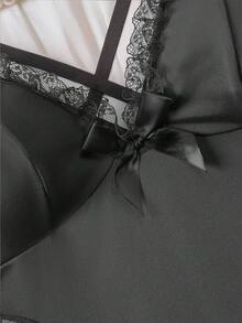 SOFUSEN Damen Nachthemd mit Schleifenträgern, Spitzendruck, sexy Spitzen-Nachthemd mit Trägern, verführerisch, geeignet für romantische Anlässe wie Valentinstag, Neujahr, Ramadan, Februar-Festival. Sexy Dessous - Schwarz - Übersicht 5