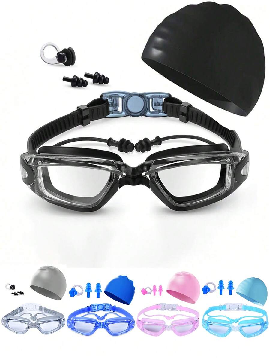 4pcs Swimming Goggles With Earplugs HD Waterproof And Anti-Fog Silicone Swimming Cap For Men And Women Large Frame Swimming Goggles Goggles Swimming Goggles, Beach Essentials, Beach Accessories, Pool Float