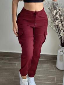 Pantalón cargo con bolsillo y cordón de ajuste en la cintura, color liso, casual y versátil - Burdeos - Ver 2