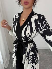 对称印花黑色和米色短袖腰部收紧鱼尾下摆优雅法式衬衫 - 彩色 - 查看 5