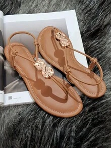Women's Caramel Flat Sandal With Adjustable Embellishment - 駝色 - 查看 4