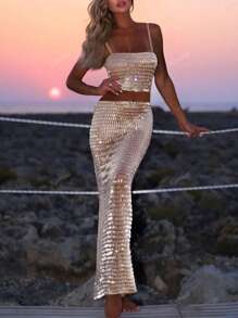 2 peças Conjunto de Vestido Elegante de Mulher com Alças Finas, Fenda Sexy e Brilho de Strass, Perfeito para Coquetel, Banquete, Vestido de Gala