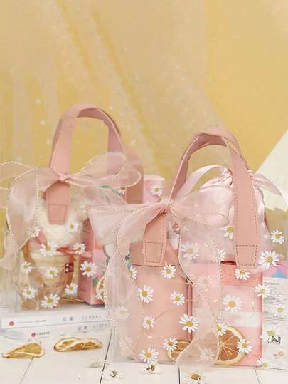 1pc Summer Daisy PVC Transparent Tote Bag, Fresh Flower Printed Jelly Bag With Delicate Bowknot Gift Bag
