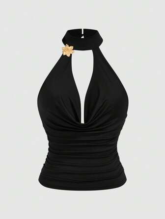 Women's Black Spaghetti Strap Gold Flower Metal Buckle Decoration Spaghetti Strap Tank Top, Summer