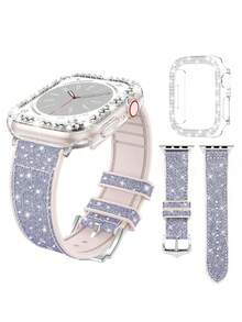 2pcs/Set Compatible With Apple Watch Bands And Bling Bling Hard PC Crystal Diamond Transparent Color Protective Case, Luxury Jewelry Design (No Screen Protector) - Light Purple - View 3