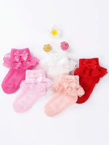 2pairs/3pairs Girls Ruffle Frilly Socks, Puffy Princess Baby Toddler Soft Socks; 0-2Y Girls' Short Socks With Lace Ruffle. Comfortable Princess Socks For Newborns;Handmade Bow Baby Socks - Multicolor - View 3