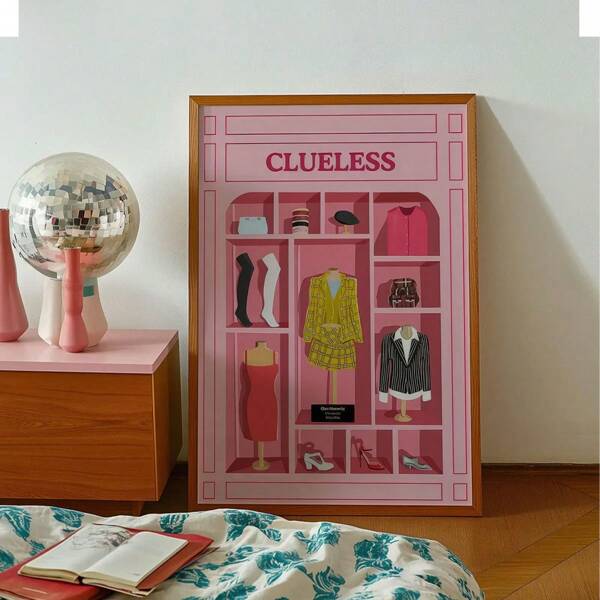 1 pieza Arte en lienzo de estilo retro de guardarropa - Decoración de pared sin marco de color rosa con acentos dorados, decoración de hogar, oficina o cafetería, ideal para sala de estar, dormitorio o regalos festivos, decoración del hogar, perfecta para decorar la habitación