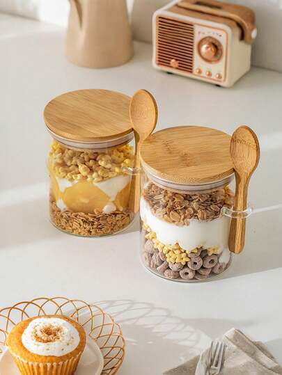 1/2/3pcs Round Glass Airtight Jar, Seasoning Jars With Bamboo Lids And Spoon, Food Storage Containers For Sugar Coffee Nuts, Glass Kitchen Canisters For Flour, Cookies, Candy, Matcha Tea, Nuts And Spice Jars School Supplies Back To School