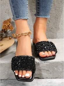 Women's Sport Sandals/Slippers, New Summer Black Rhinestone Strap Slides Open Toe Flat Simple Comfortable Mules - Black - View 4