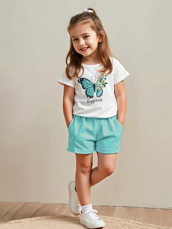 Conjunto de camiseta de manga curta com estampa de borboleta para meninas jovens e shorts confortáveis verde menta