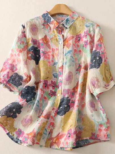 Women's Floral Print Loose Fit Lapel Button Down Shirt Elegant Casual Short Sleeve Blouse For Spring Summer Office & Daily Wear