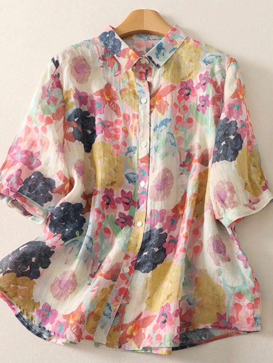 女士印花宽松翻领纽扣衬衫，优雅休闲短袖上衣，适合春季、夏季办公及日常穿着，夏季度假，夏季上衣，全身印花短袖衬衫 - 彩色 - 查看 1