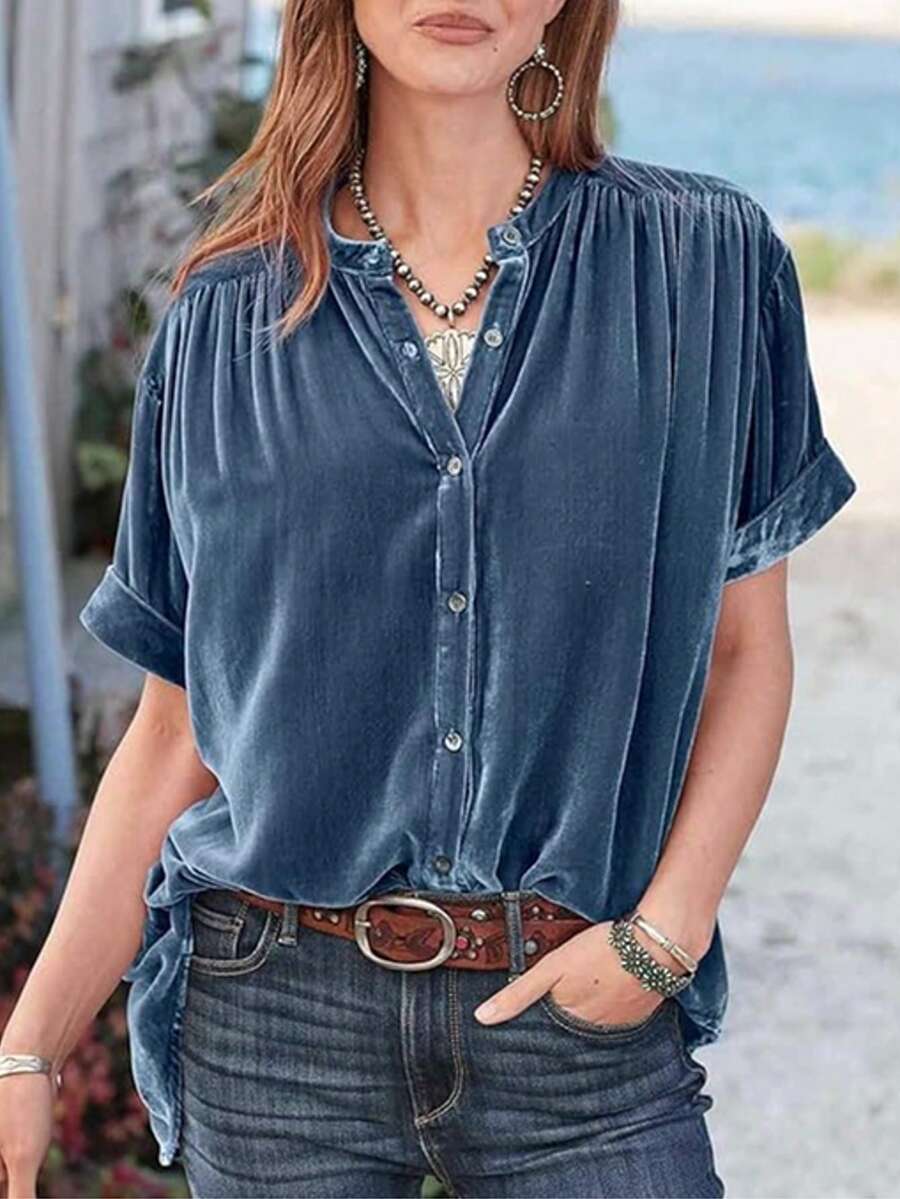 Women's Button Down Shirts Short Sleeve Velvet Oversized T Shirts Going Out Tops Ocean Blue - Ocean Blue - View 1