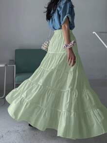 EARO 女款纯色简约休闲通勤百搭多层喇叭编织松紧腰高腰过膝长裙，秋冬假期设计，高端 - 查看 1