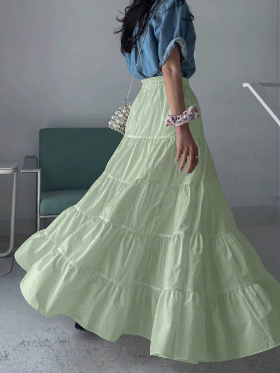 EARO 女款纯色简约休闲通勤百搭多层喇叭编织松紧腰高腰过膝长裙，秋冬假期设计，高端 - 查看 1