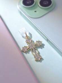 1pc Rhinestone Studded Gold/Silver Cross Shaped Phone Dust Plug, Compatible With Apple/Type-C Charging Port And Earphone Jack - Multicolor - View 12