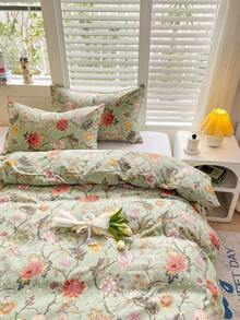 1 Set 3pcs Green & Brown Ditsy Floral Bedding Set, Rustic Ditsy Flowers Cozy Botanical Breathable Bedding Textile Set, Includes 1pc Duvet Cover + 2pcs Pillowcases, Suitable For Spring & Summer Bedroom Decor, Machine Washable (Pillow Print Random)