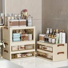 1pc Foldable Large Capacity Makeup Storage Cabinet, File Storage Box, Large Capacity Drawer Storage Box, Transparent Drawer Cabinet, Suitable For Storing Cosmetics, Skincare, Files And Books