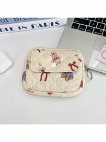 1pc Kawaii Quilted Flower Print Coin Purse With Bunny/Bowknot/Little Bear Pattern,Multifunctional Card Holder, Ins Style Korean Coin Purse Digital Bag Storage Bag.Portable And Stylish-Makeup Bag Portable Travel Toiletry Bag