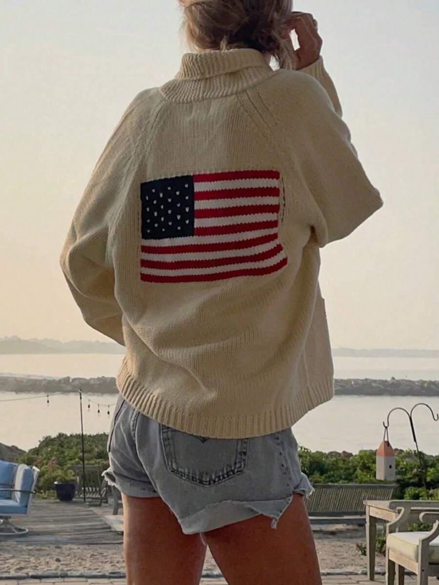 Women American Flag Sweater Cardigan 4th Of July Outfits Star Stiped Print Long Sleeve Button Down Open Front Knit Cardigans Patriotic Graphic Kintted Jacket Coat Independence Day Clothes Streetwear - 白色 - 查看 1