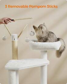Cat Tree With Litter Box Enclosure, 2-In-1 Modern Cat Tower, 55.1-Inch Cat Condo With Scratching Posts, Removable Pompom Sticks, Cloud White - 雲白 - 查看 6