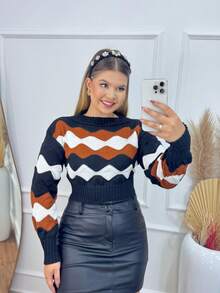 Women's Cropped Knit Cold Weather Blouse Long Sleeve Pom Pom Knit Cold Weather Blouse - Đất nung đen trắng - Xem 2