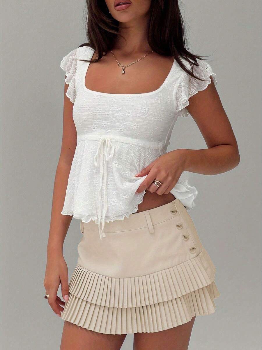 Women Square Neck Peplum Top Y2k Cap Sleeve Layered Ruffle Trim Printed Top Lace Up Slim Fit Solid Color Shirt - White - View 1