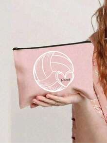Customized 1pc White Volleyball Printed Heart Makeup Bag For Girl - Lightweight, Customizable Name And Holiday Machine Washable Fabric Black Zipper | Multi-Functional Cosmetic Bag, Travel Wash Bag, Pouch, Pencil Case | Ideal Teacher Gift, Girl's Volleyball - Type 1 - View 8