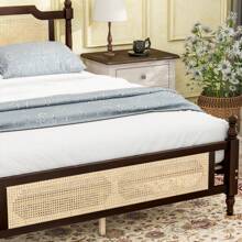 Queen Pine Wooden Bed With Rattan Headboard And Footboard, With Central Enhanced Bed Platform,Espresso