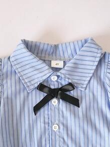 2 Pieces Girls Casual Outfit, College Style Short Blue Striped Shirt And Skort Set