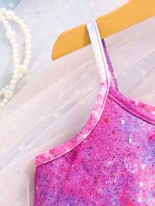 1 件女童可爱休闲彩色独角兽印花柔软防褪色细肩带连衣裙，春夏 - 玫紅色 - 查看 4