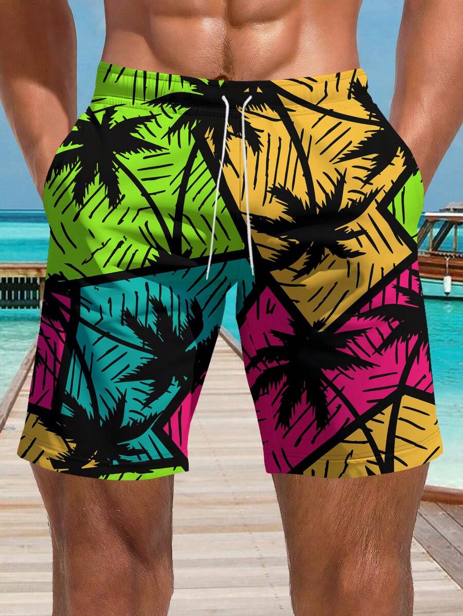 Men's 3D Coconut Tree Patchwork Print Beach Shorts, Hawaiian Style - Multicolor - View 1