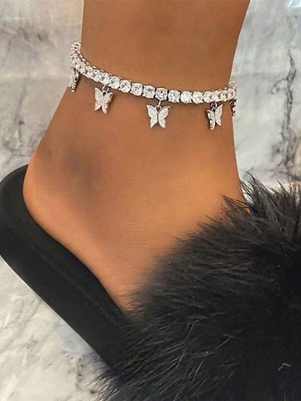 1pc Creative Rhinestone Butterfly Anklet, Minimalist & Elegant, Claw Chain, Tassel Ankle Jewelry, Fashionable Beach Accessory (Random Rhinestone Quantity)