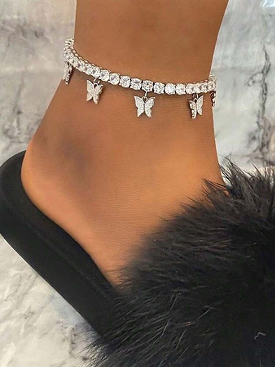 1pc Creative Rhinestone Butterfly Anklet, Minimalist & Elegant, Claw Chain, Tassel Ankle Jewelry, Fashionable Beach Accessory (Random Rhinestone Quantity)