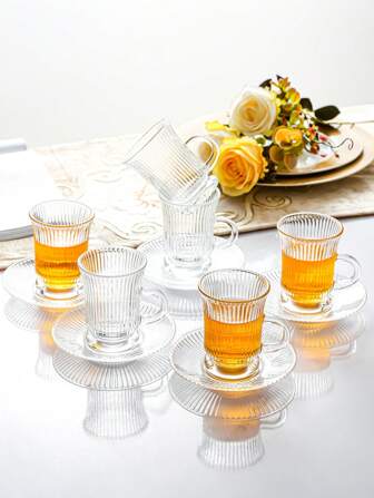 1 set, Turkse theekop met schotelset, retro glazen theekop koffiekopcombinatie, inclusief 6 kopjes en 6 schotels, slank tailleontwerp met verdikte bodem om te voorkomen dat thee koud wordt, geschikt voor 6 personen