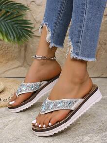 Plus Size Women's Rhinestone Flat Thong Sandals, Fashion Summer Slip-On Beach Flip Flops - White - View 1