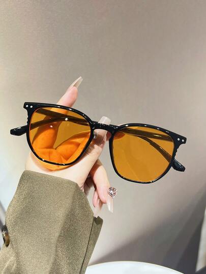1 Pair Women's Black Round PC Frame Orange Lens Personalized Pointed Fashion Fashion Glasses, Suitable For Daily Wear, Beach Accessories, Basic Women's Glasses, Autumn/Winter Business Casual Outfits, Summer Beach Vacation, Outdoor Activities, Travel Gift