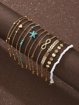10 件/套波西米亚海星串珠脚链，多元素可调节多层脚链，适合女士，适合度假、派对、约会、日常佩戴