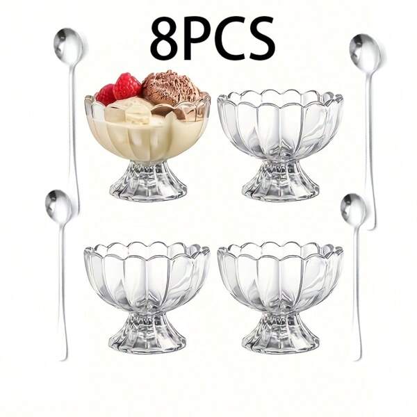 2/8 Stück Glas Dessertschalen, transparente Glas Eisbecher mit Blumenmuster, kreative Milchtee Dessertschalen für Zuhause, Joghurt Salat Kuchen Eisbecher, Mini Dessertschalen, Gastronomiebedarf & Zubehör, Essbesteck, Zubehör für die Küche Zuhause