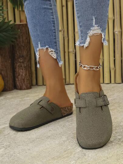 Damen Einfarbige Lässig Street Gürtel Riemen Strand Sandalen, Dicke weiche Holzmaserung Slip-On Pantoffeln für Innen- und Außenbereich, Ganzjährig
