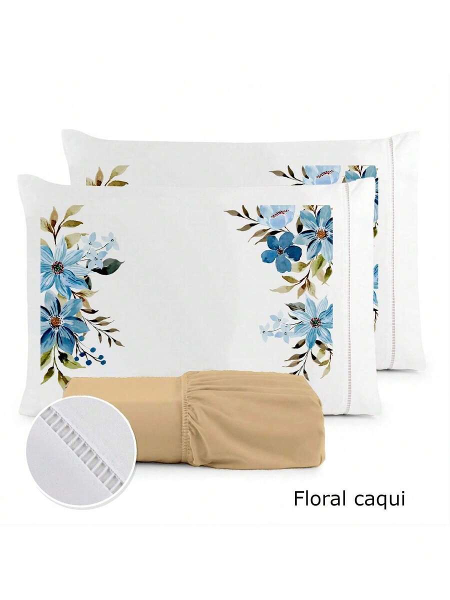 3-Piece Sheet Set 400 Thread Count For Queen King Single Bed Micropercal - FLORAL CAQUI AVELLANA - Ver 1