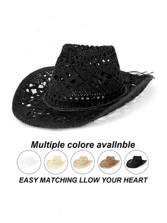 1 pezzo Cappello da sole in paglia di colore tinta unita bohémien casual con decoro traforato, protezione UV, panama da spiaggia stile cowboy, alla moda e versatile per tutte le stagioni