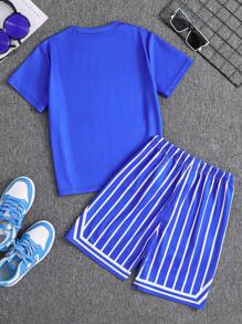 2pcs Boys Athletic Sports Number 23 & Los Angeles Letter Print Solid Tee & Striped Shorts Set, Spring/Summer
