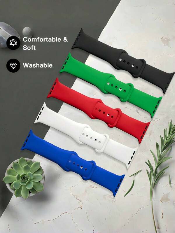 5pcs Soft Silicone Sports Watch Bands, Adjustable Comfortable Buckle Design, Waterproof Sweat-Resistant, Compatible With Apple Watch Series Ultra/SE/1-10, Fit For 38/40/41/42/44/45/46/49mm Smartwatch Unisex Accessory